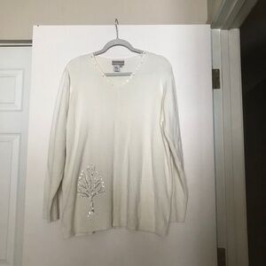 Coldwater Creek Sweater M Christmas Tree sequins Bead Winter Holiday Ivory tunic